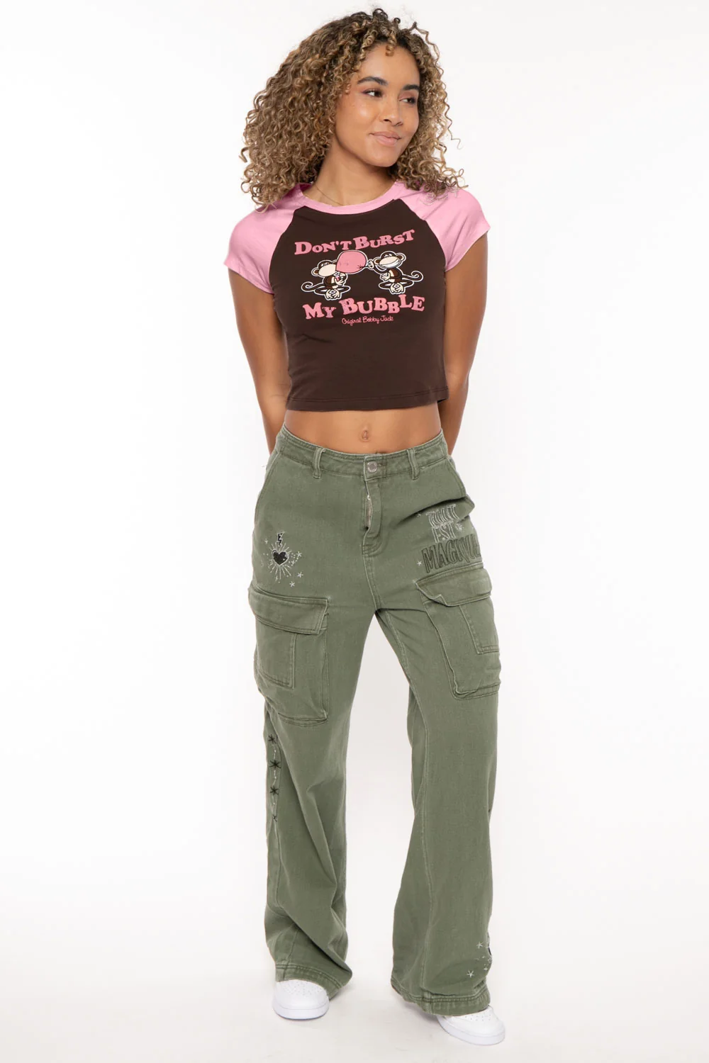 Don't Burst My Bubble - Bobby Jack Crop Raglan Top - Brown - Image 3