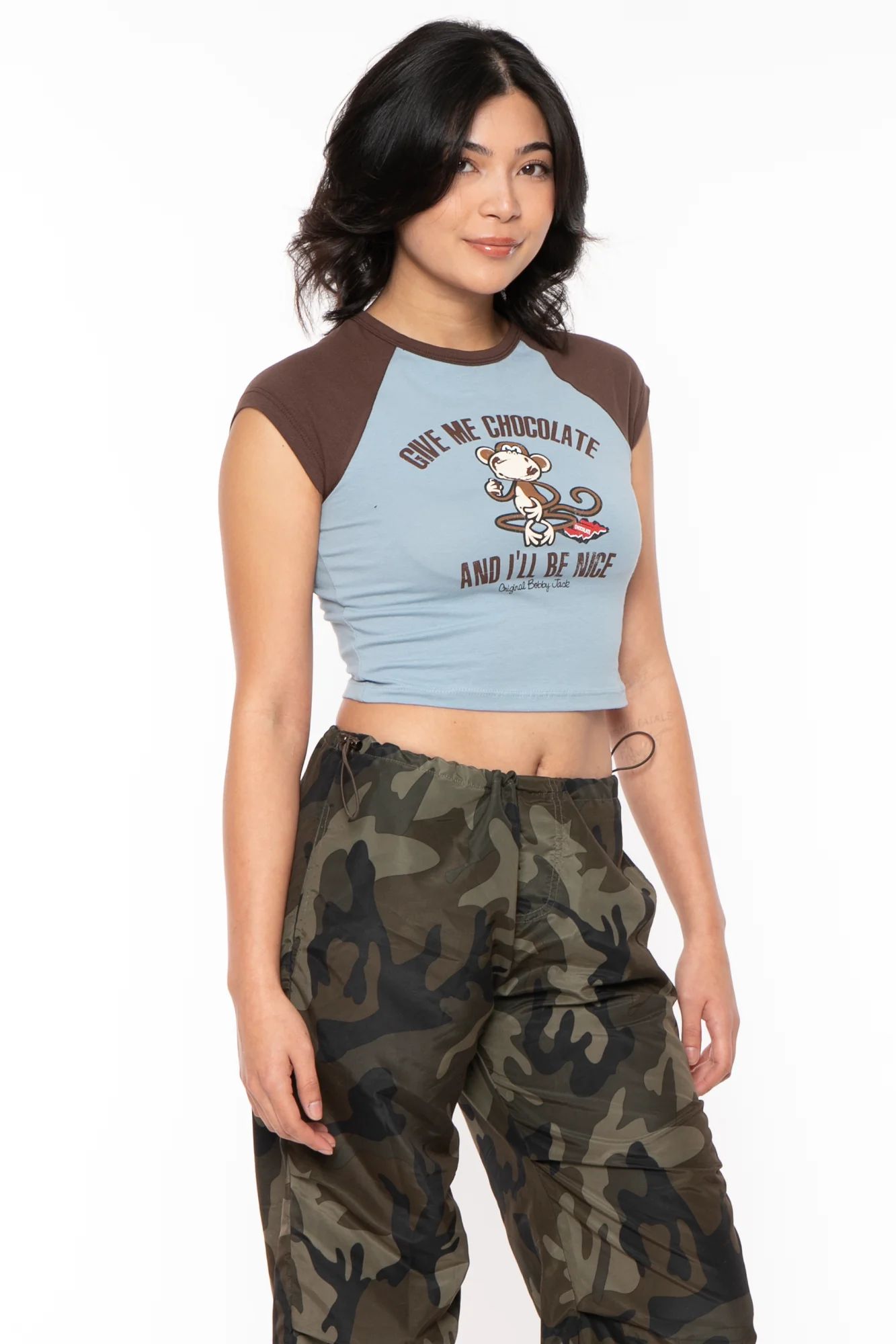 Give Me Chocolate - Bobby Jack Crop Raglan Top - Blue - Image 3