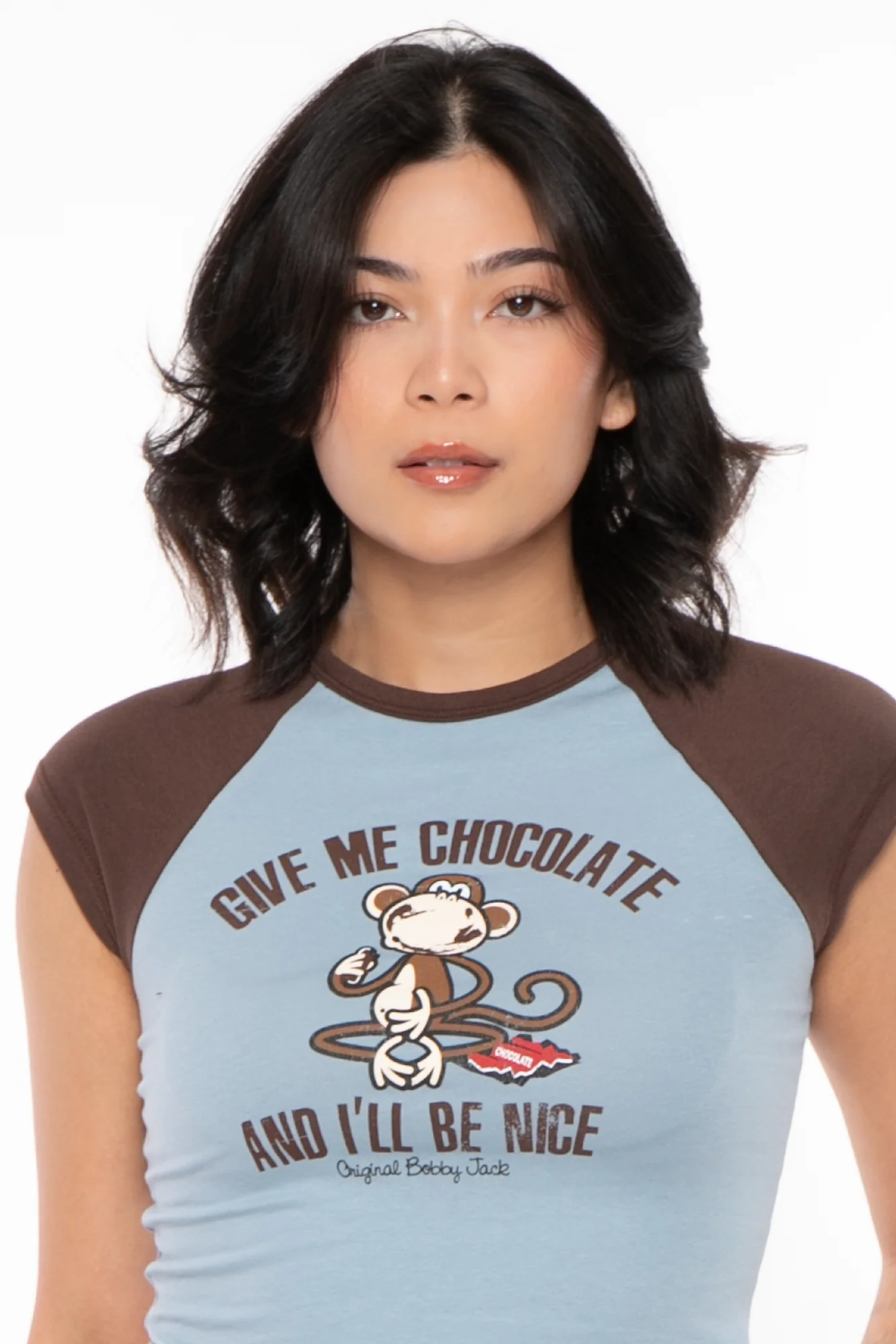 Give Me Chocolate - Bobby Jack Crop Raglan Top - Blue - Image 4